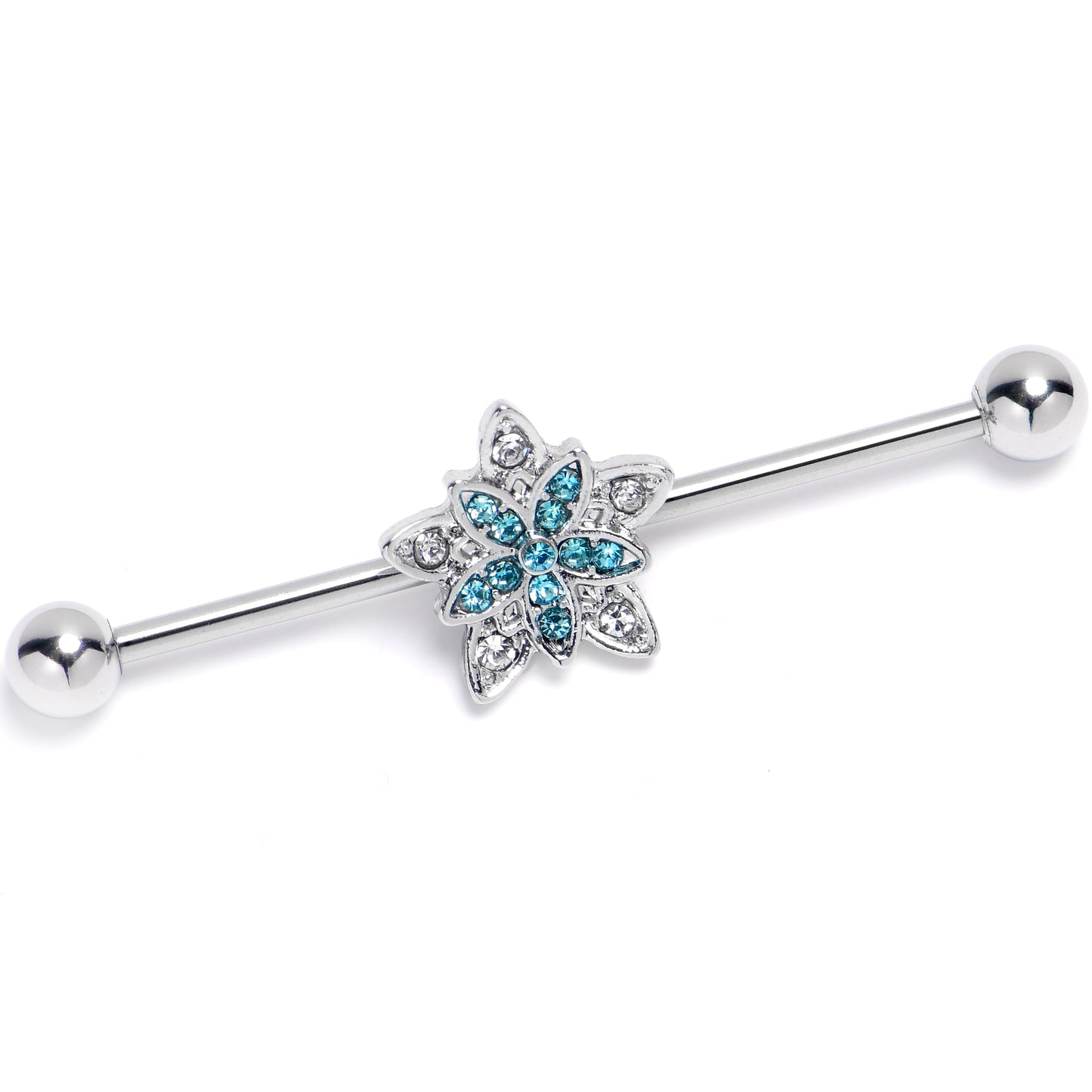 14G Clear Blue Gem Snowflake Flower Industrial Barbell 38mm
