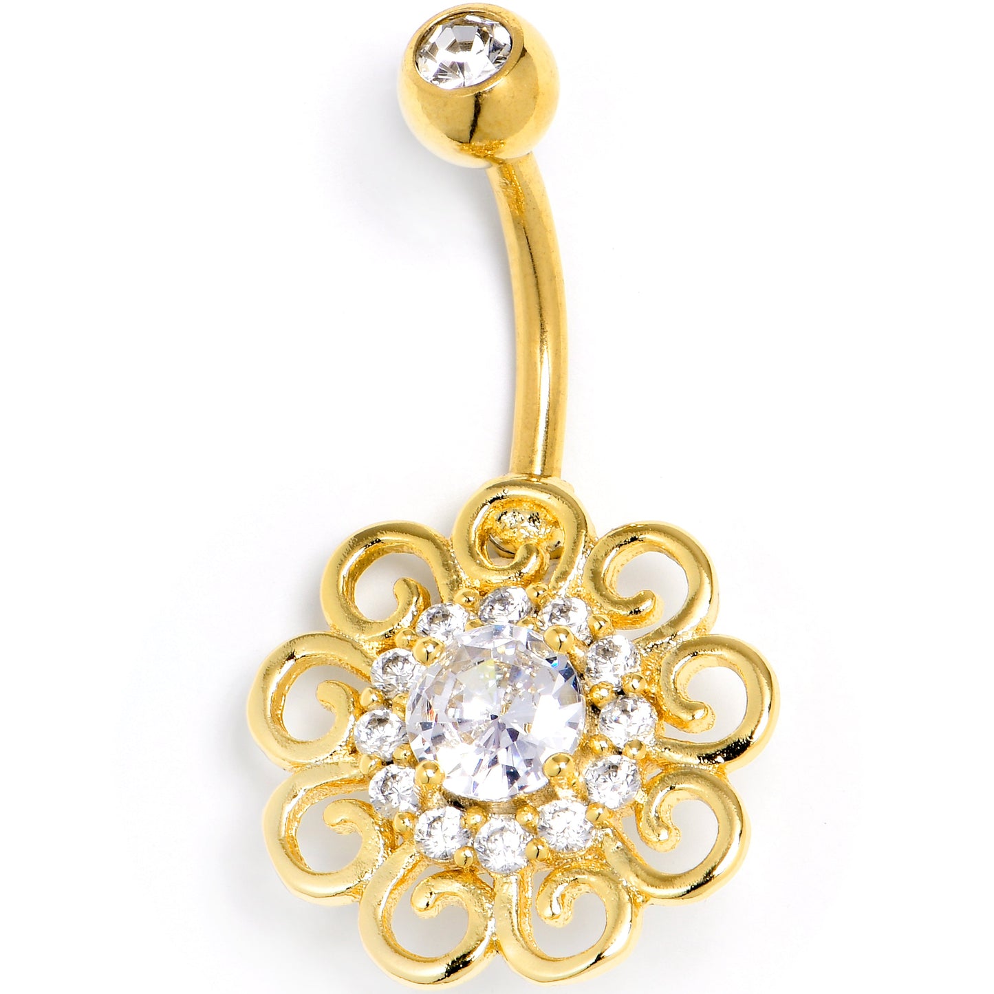 Clear CZ Gem Gold Tone Loopy Flower Whimsy Belly Ring