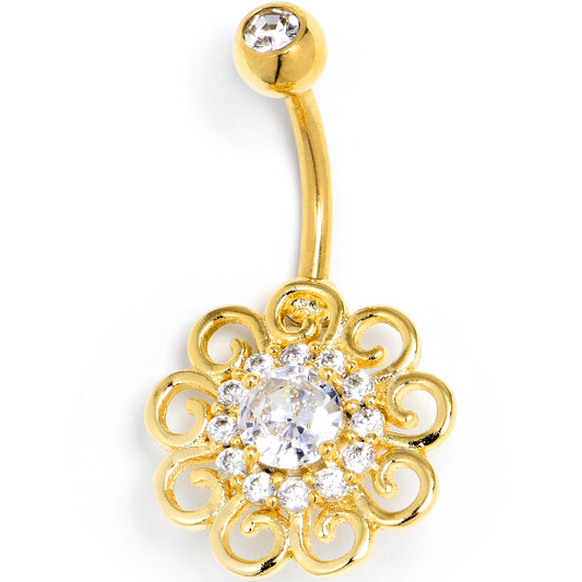 Clear CZ Gem Gold Tone Loopy Flower Whimsy Belly Ring
