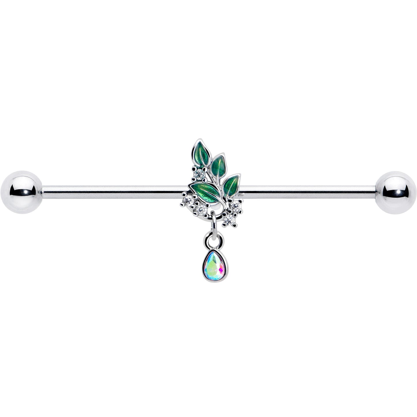 14G Aurora CZ Gem Morning Leaves Dangle Industrial Barbell 38mm