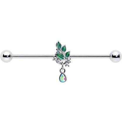 14G Aurora CZ Gem Morning Leaves Dangle Industrial Barbell 38mm