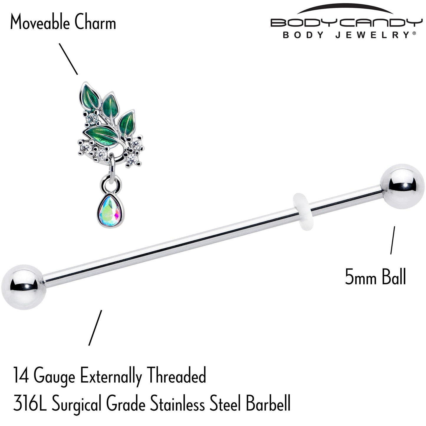 14G Aurora CZ Gem Morning Leaves Dangle Industrial Barbell 38mm