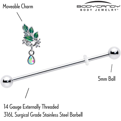 14G Aurora CZ Gem Morning Leaves Dangle Industrial Barbell 38mm