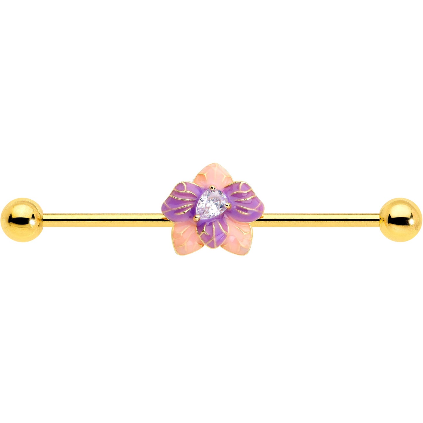14G Clear Gem Gold Tone Pastel Flower Industrial Barbell 38mm