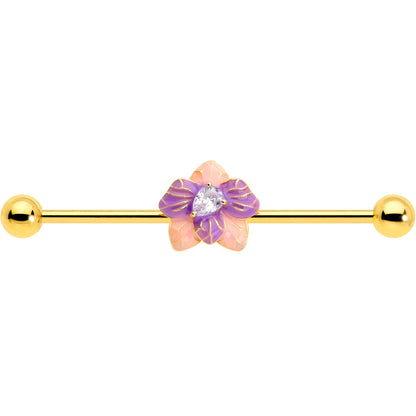14G Clear Gem Gold Tone Pastel Flower Industrial Barbell 38mm