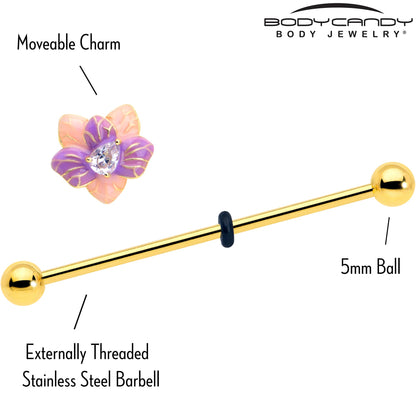 14G Clear Gem Gold Tone Pastel Flower Industrial Barbell 38mm