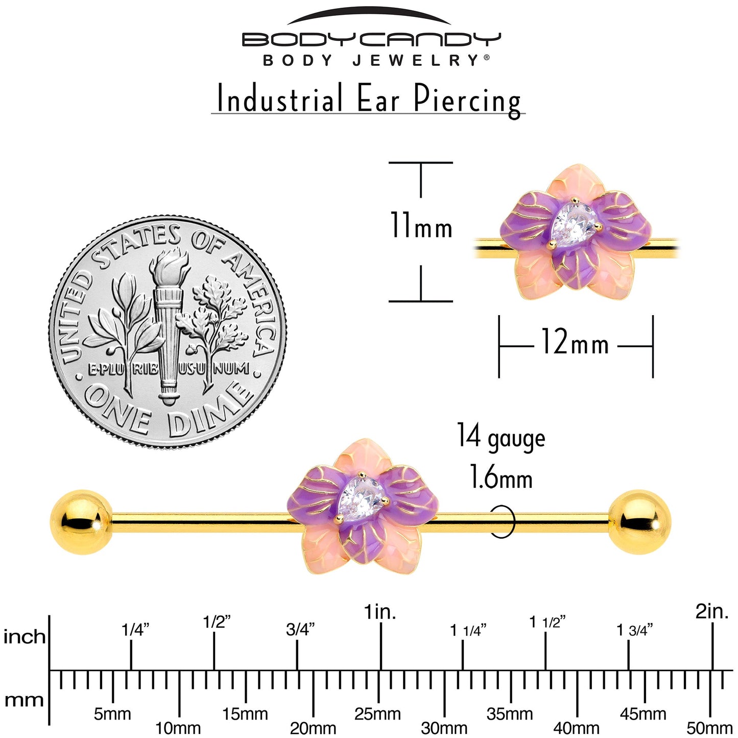 14G Clear Gem Gold Tone Pastel Flower Industrial Barbell 38mm