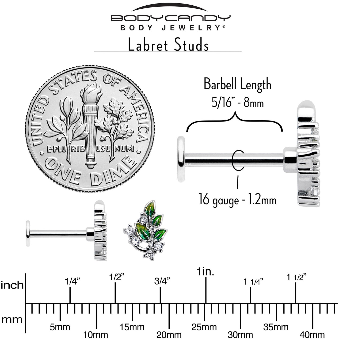 16G 5/16 Clear CZ Gem Morning Leaves Labret Monroe Tragus