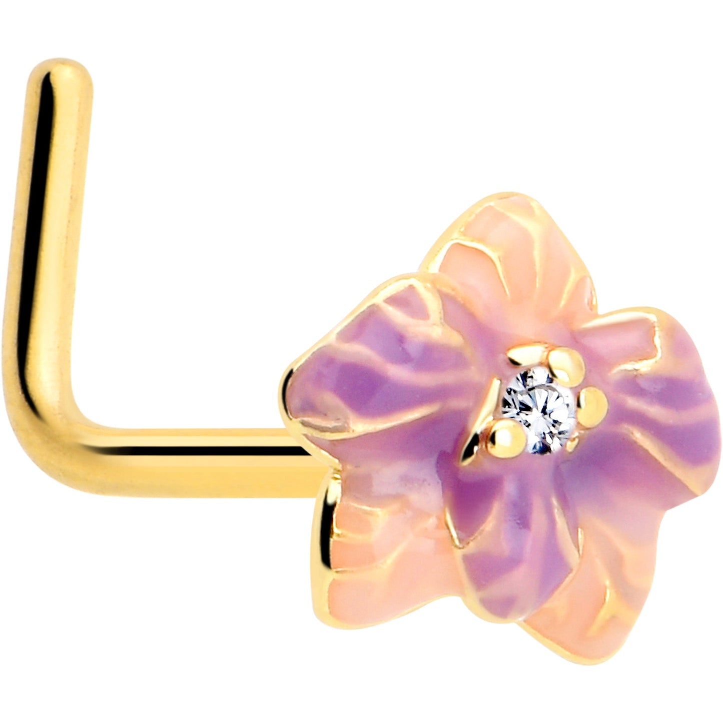 20G 7mm Clear Gem Gold Tone Pastel Flower L Shape Nose Ring