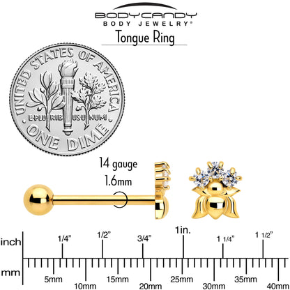 Clear CZ Gem Gold Tone Lush Lotus Flower Barbell Tongue Ring