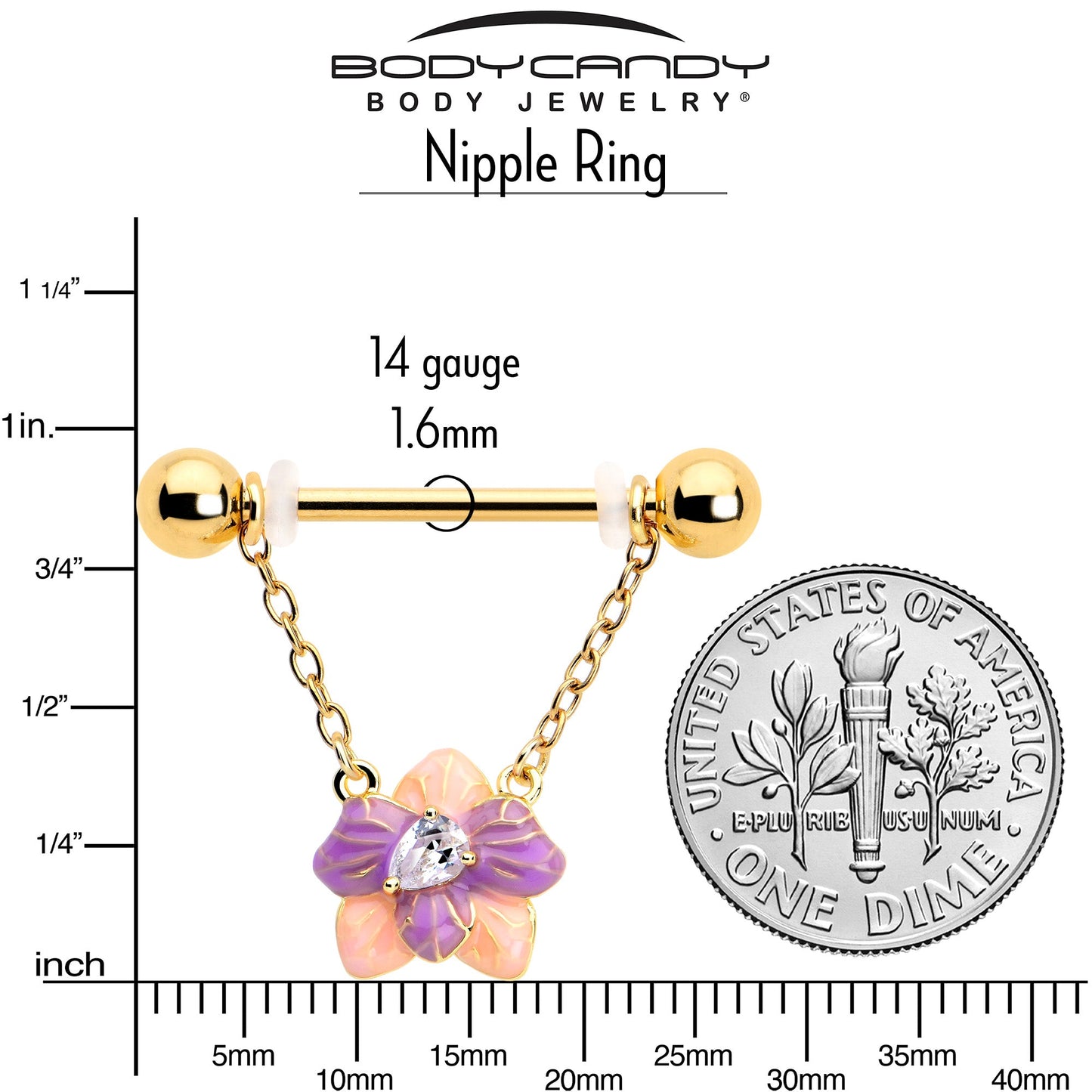 14G 9/16 Clear Gem Gold Tone Pastel Flower Dangle Nipple Ring Set