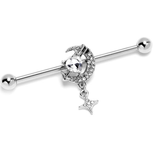 14G Clear Gem Moon Lover Dangle Industrial Barbell 38mm