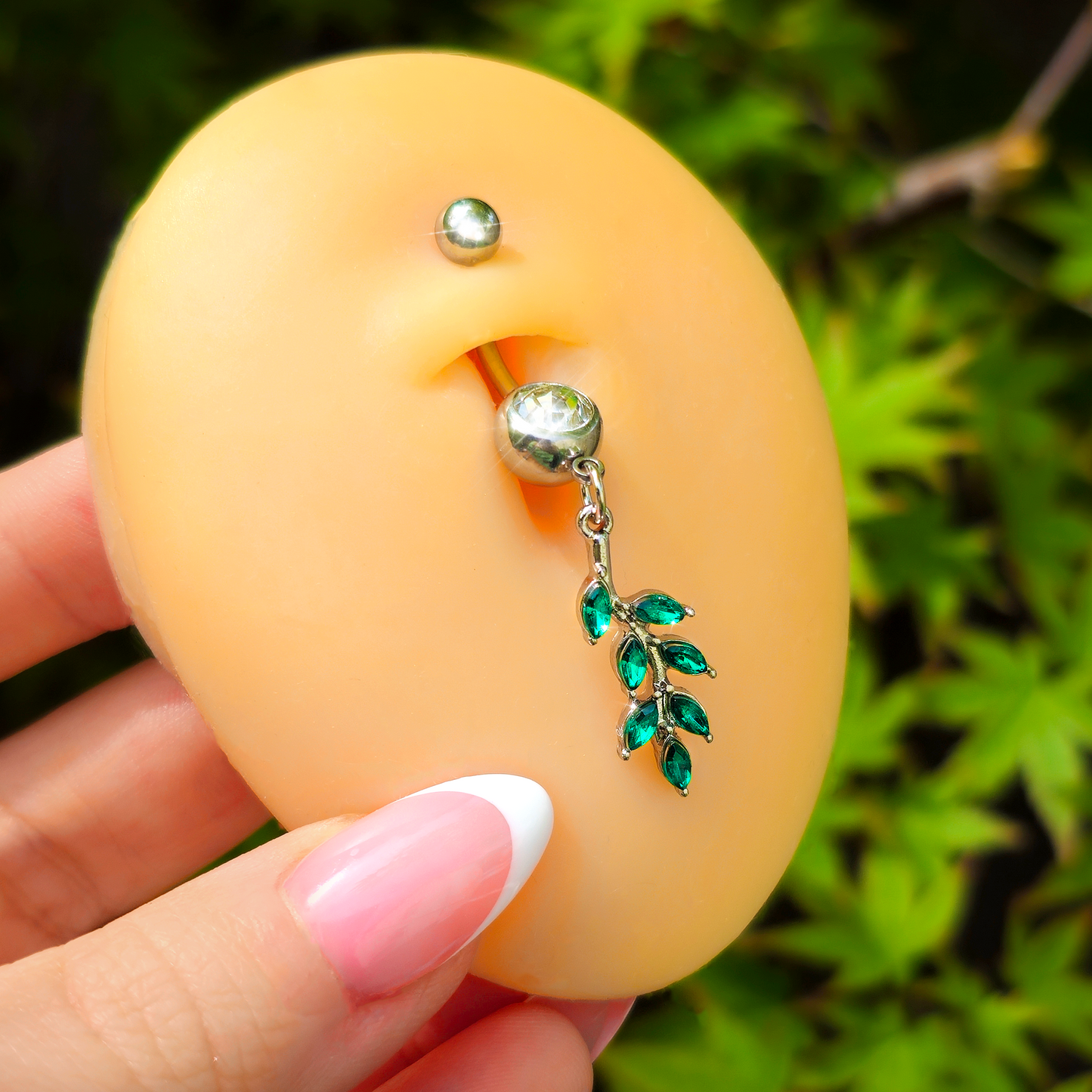 Green Clear Gem Leafy Luscious Branch Dangle Belly Ring