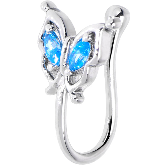 Blue CZ Gem Butterfly Wings Clip On Nose Ring