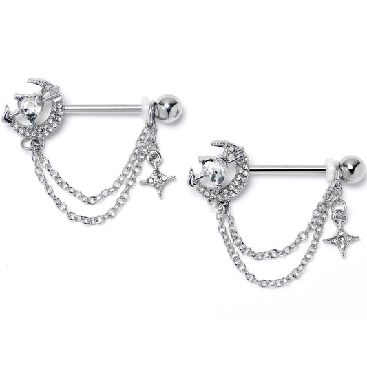 14G 9/16 Clear Gem Moon Lover Chain Dangle Nipple Ring Set