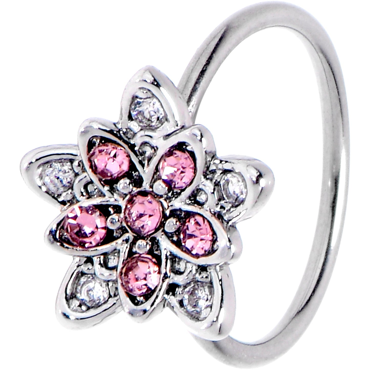 20G 5/16 Pink Clear CZ Gem Snowflake Flower Nose Hoop