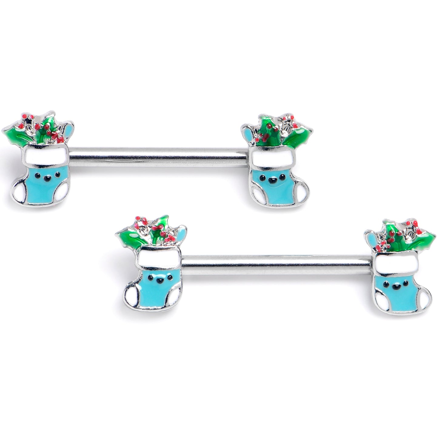 14G 9/16 Festive Blue Christmas Stocking Barbell Nipple Ring Set