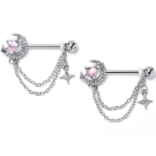 14G 9/16 Pink Clear Gem Moon Lover Chain Dangle Nipple Ring Set