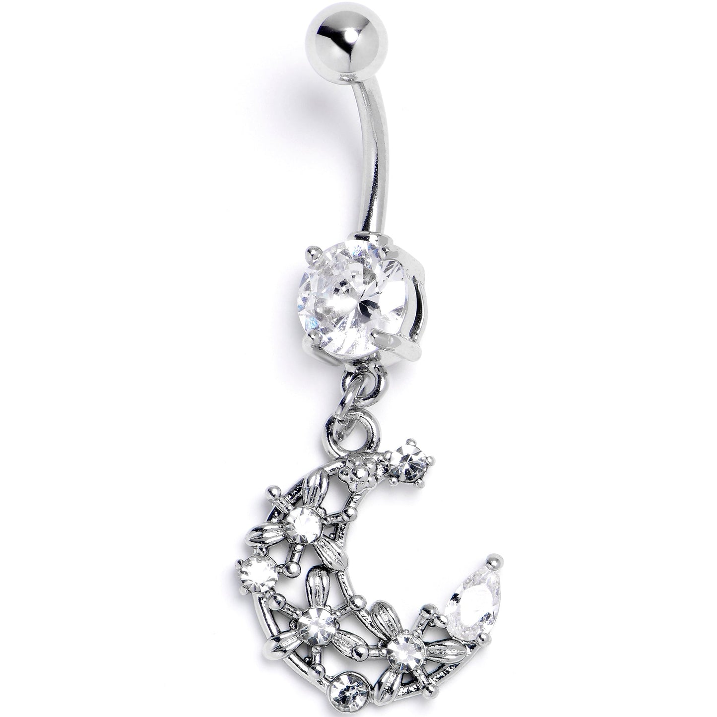 Clear Gem Flower Moon Dangle Belly Ring