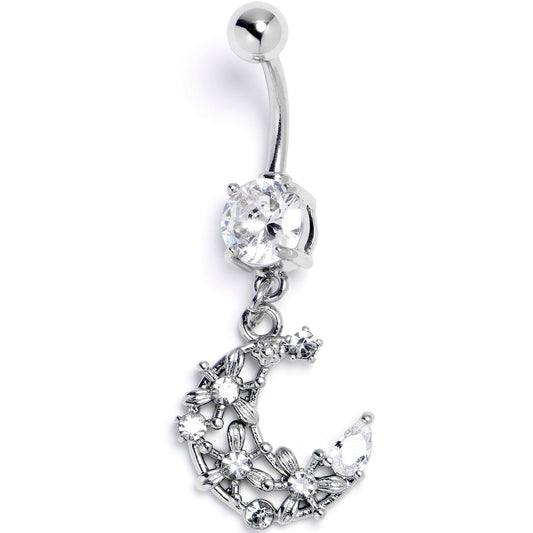 Clear Gem Flower Moon Dangle Belly Ring