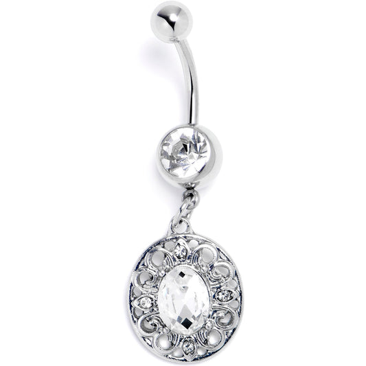 Clear Gem Flower Oval Elegance Dangle Belly Ring
