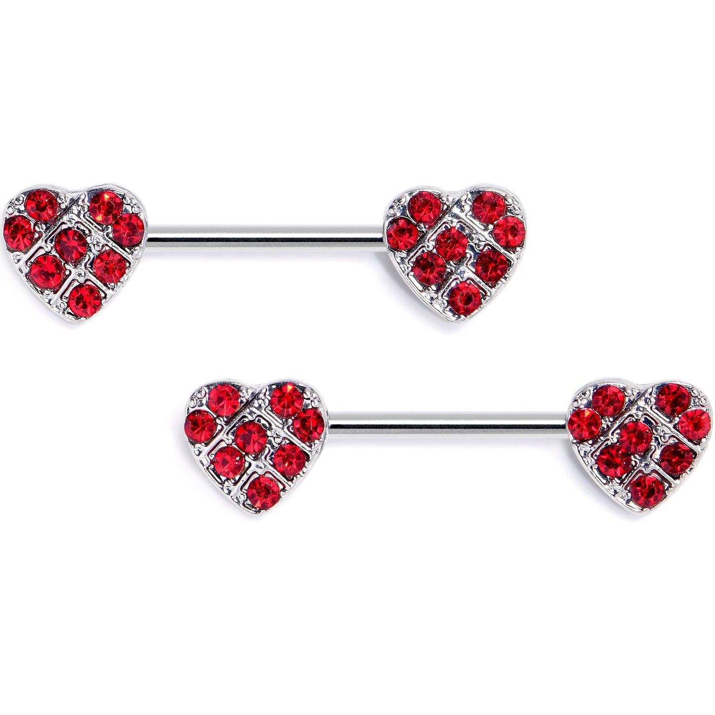 14G 9/16 Red Gem Lattice Heart Barbell Nipple Ring Set