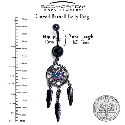 Aurora Clear CZ Gem Black Dreamcatcher Feather Dangle Belly Ring