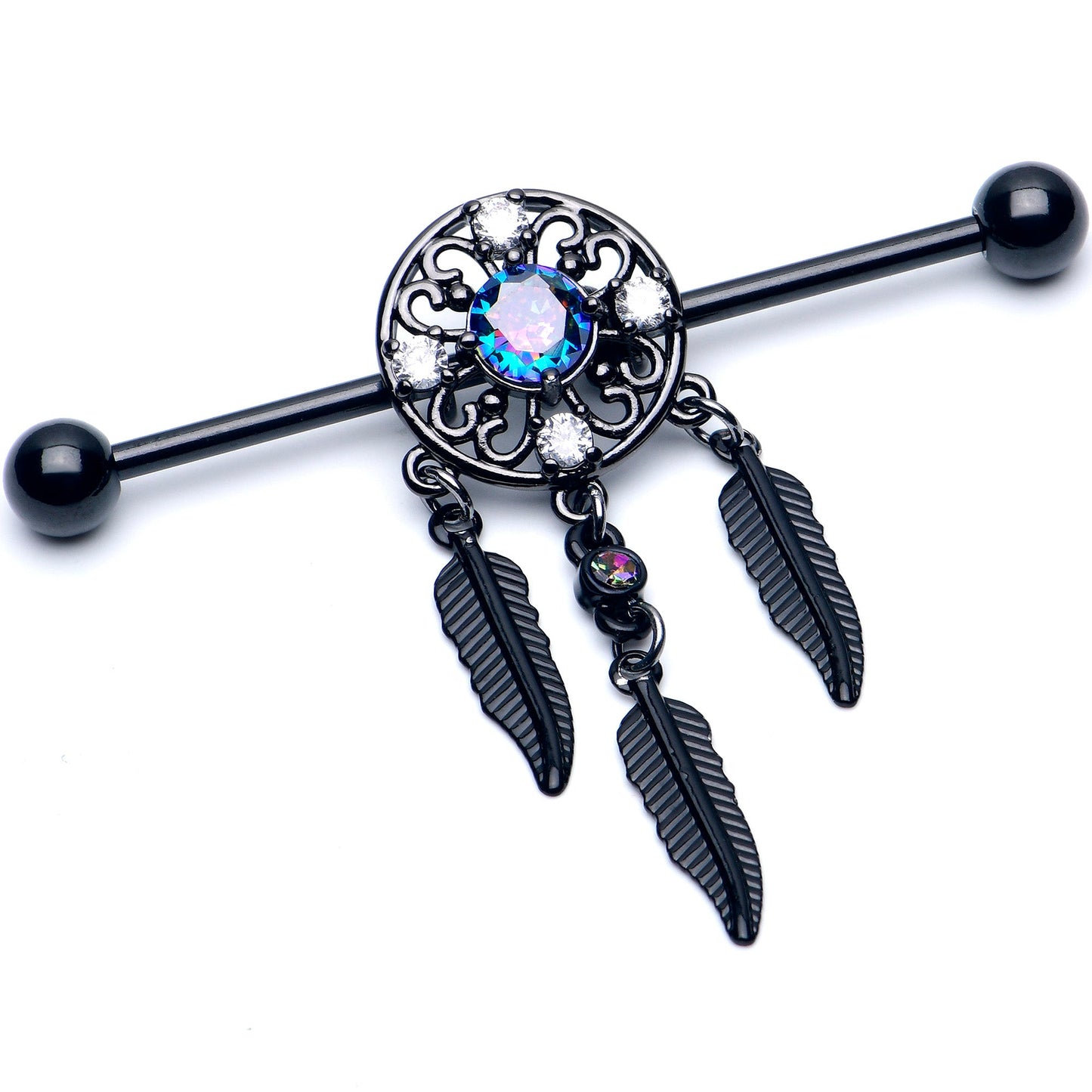 14G Aurora CZ Gem Black Dreamcatcher Dangle Industrial Barbell 38mm