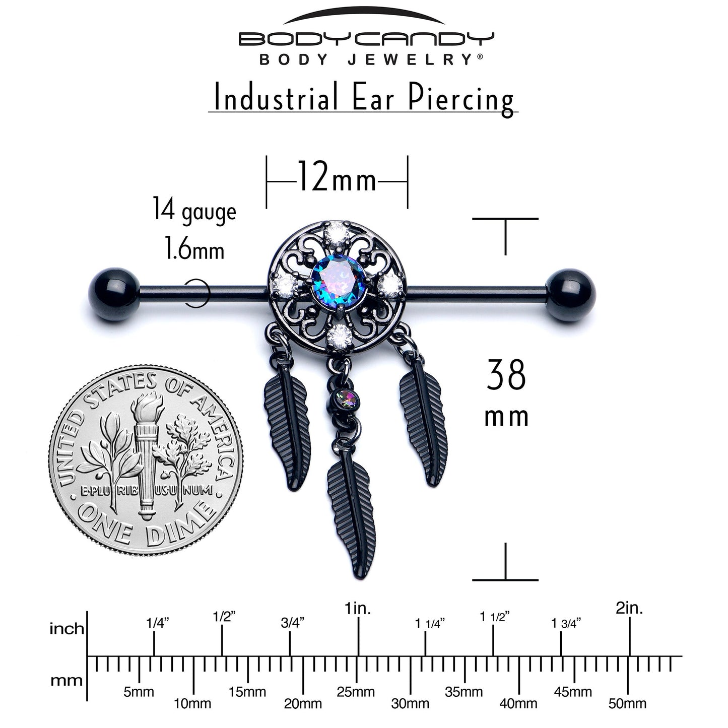 14G Aurora CZ Gem Black Dreamcatcher Dangle Industrial Barbell 38mm