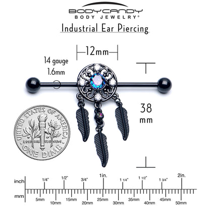 14G Aurora CZ Gem Black Dreamcatcher Dangle Industrial Barbell 38mm