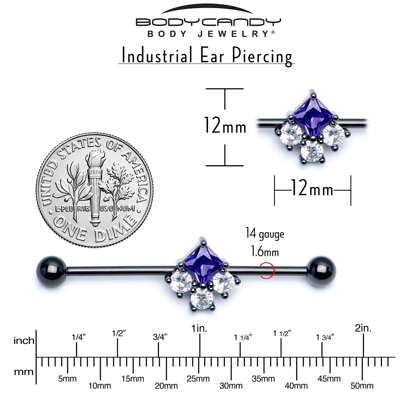 14G Clear Purple CZ Gem Black Rhombus Riot Industrial Barbell 38mm