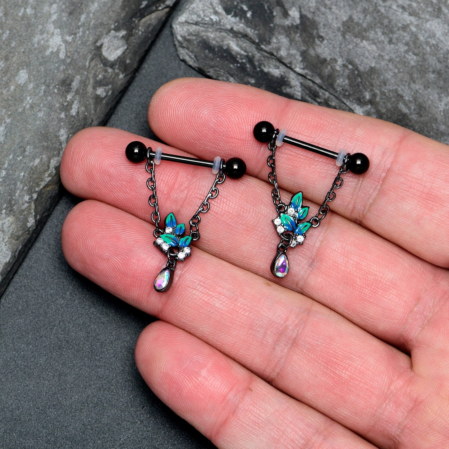 14G 9/16 Aurora CZ Gem Black Lush Leaves Dangle Nipple Ring Set