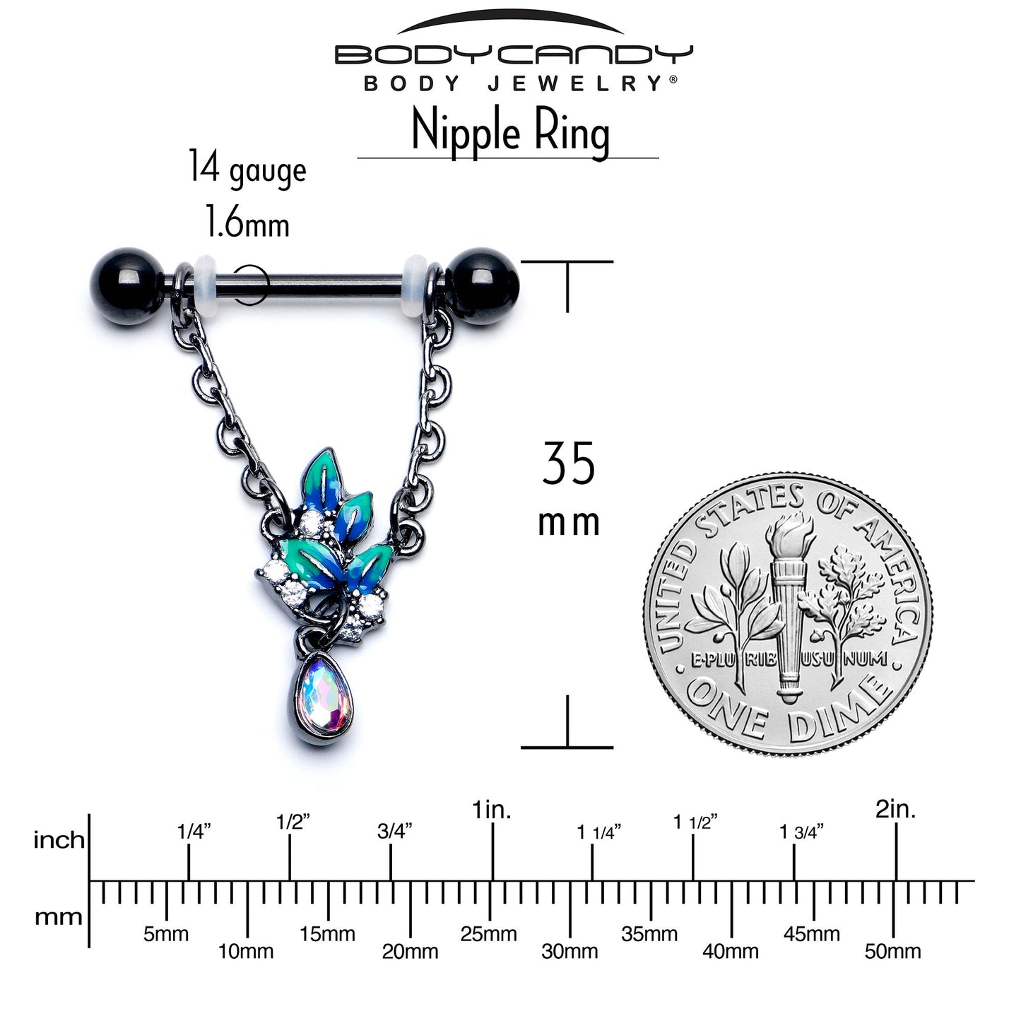 14G 9/16 Aurora CZ Gem Black Lush Leaves Dangle Nipple Ring Set