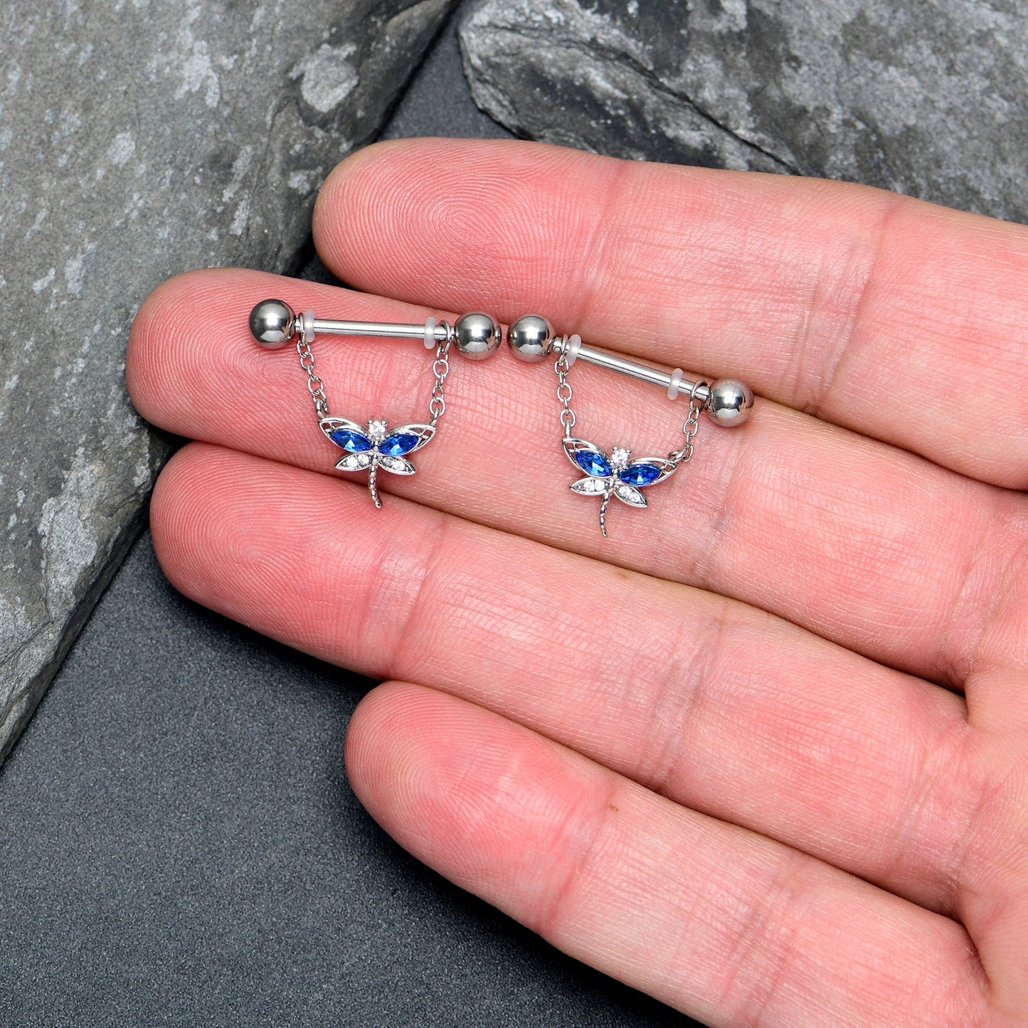 14G 9/16 Blue CZ Gem Dragonfly Dream Dangle Nipple Ring Set