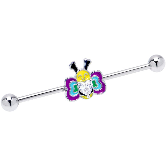 14G Clear CZ Gem Butterfly Love Bug Heart Industrial Barbell 38mm