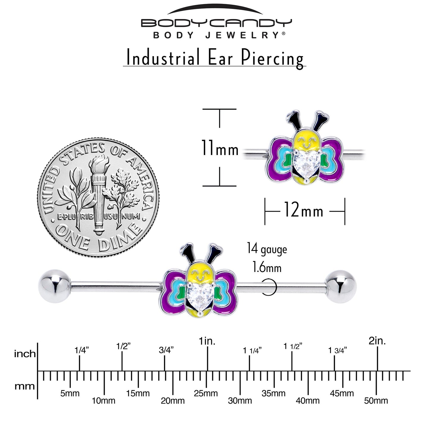 14G Clear CZ Gem Butterfly Love Bug Heart Industrial Barbell 38mm