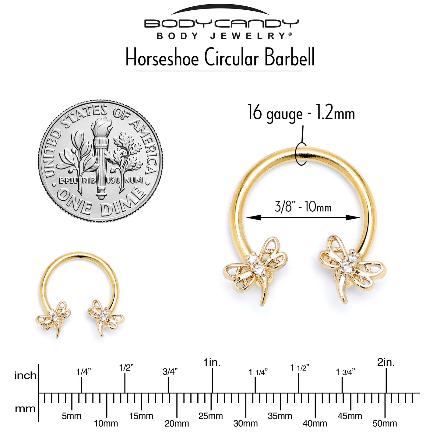 16G 3/8 Clear CZ Gem Gold Tone Dragonfly Deluxe Circular Barbell