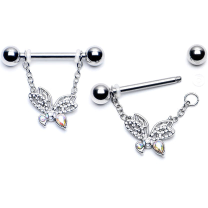 14G 9/16 Aurora CZ  Gem Ultra Drama Butterfly Dangle Nipple Ring Set