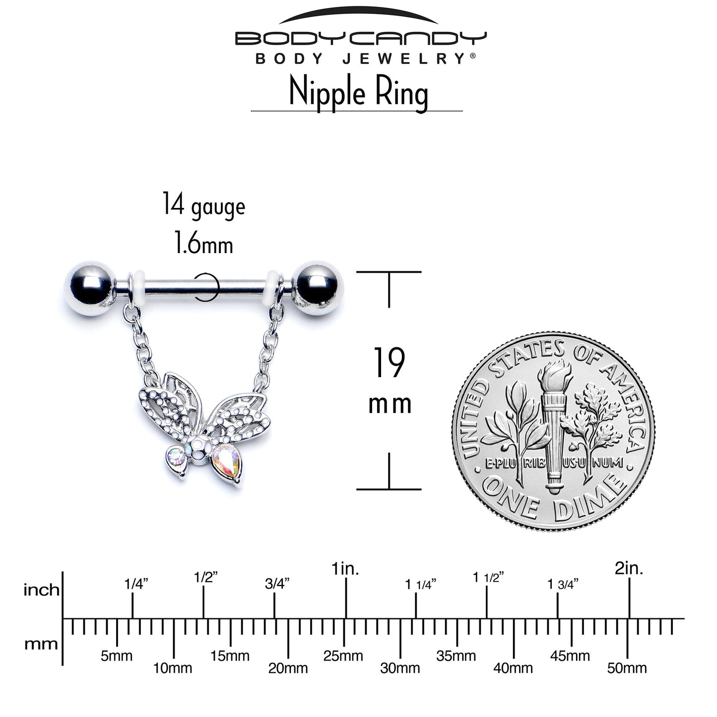 14G 9/16 Aurora CZ  Gem Ultra Drama Butterfly Dangle Nipple Ring Set