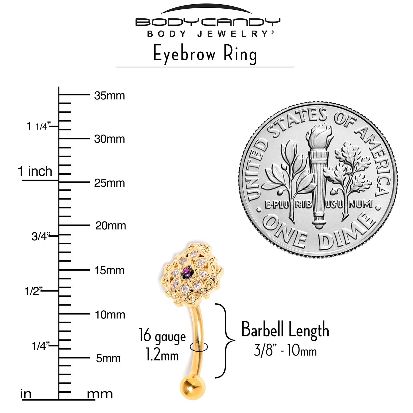 16G 5/16 Vitrail Gem Gold Tone Blossom Bloom Curved Eyebrow Ring