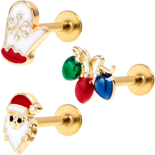 16G 5/16 Gold Tone Santa Mitten Lights Labret Tragus Set of 3