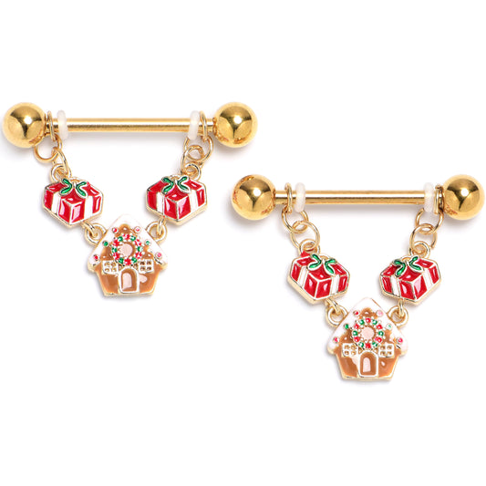 14G 9/16 Gold Tone Gingerbread House Dangle Nipple Ring Set