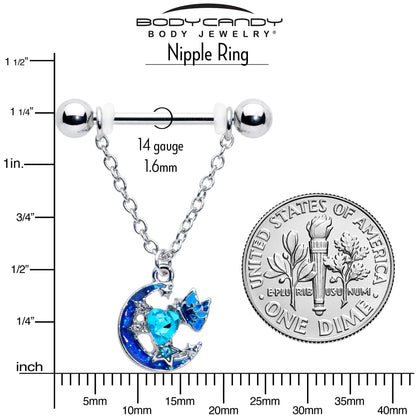 14G 9/16 Blue Gem Butterfly Love Heart Dangle Nipple Ring Set