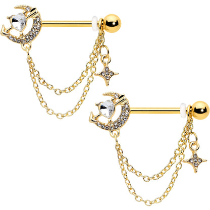 14G 9/16 Clear Gem Gold Tone Moon Lover Dangle Nipple Ring Set