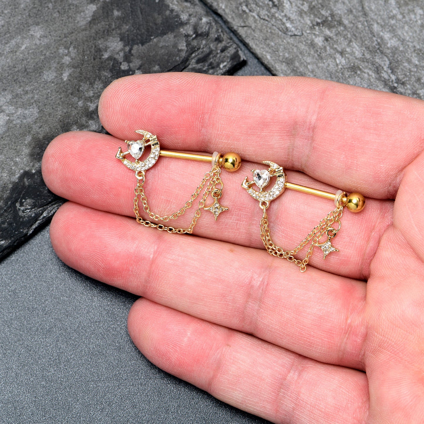 14G 9/16 Clear Gem Gold Tone Moon Lover Dangle Nipple Ring Set