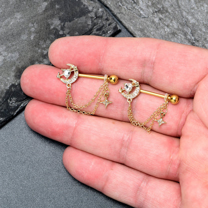 14G 9/16 Clear Gem Gold Tone Moon Lover Dangle Nipple Ring Set