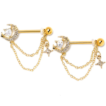 14G 9/16 Clear Gem Gold Tone Moon Lover Dangle Nipple Ring Set