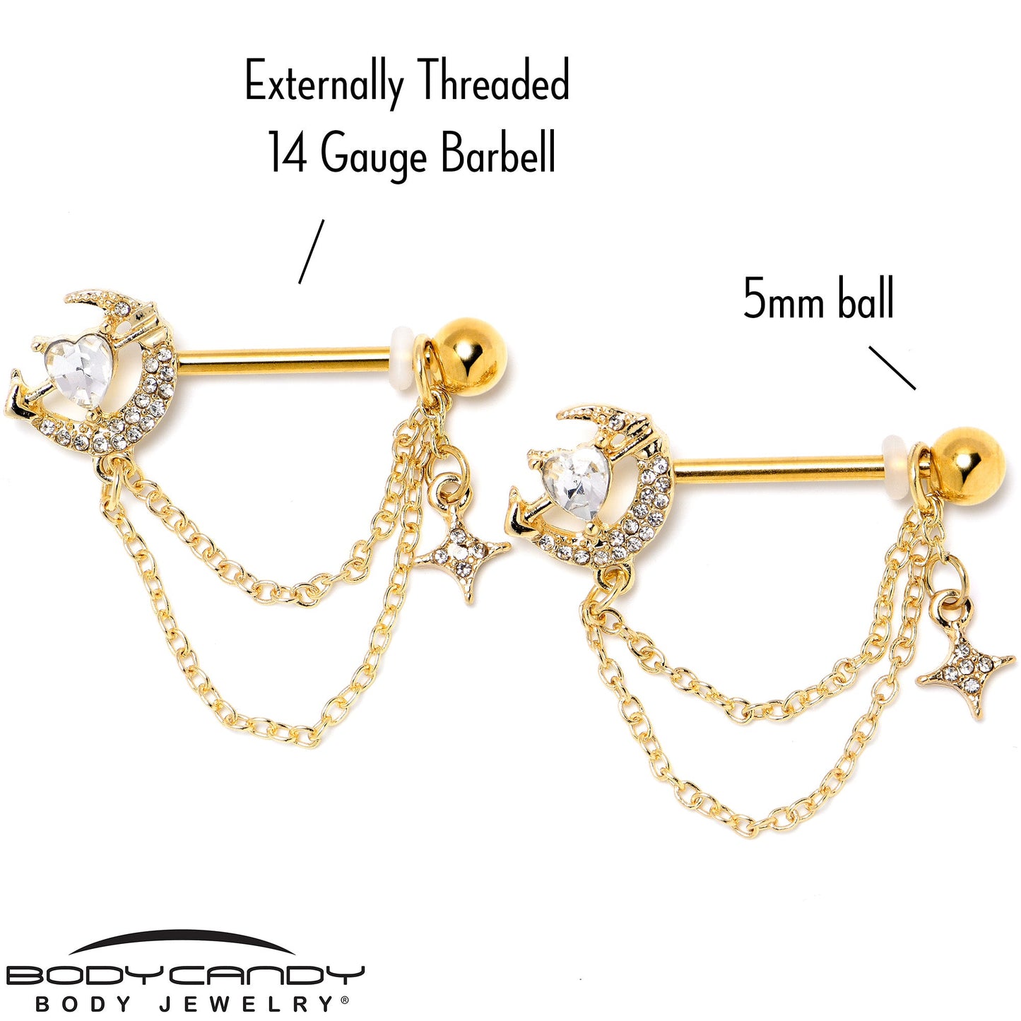 14G 9/16 Clear Gem Gold Tone Moon Lover Dangle Nipple Ring Set