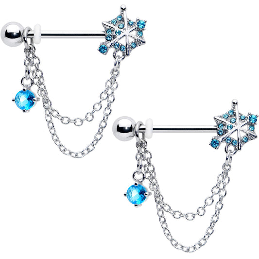 14G 9/16 Blue CZ Gem Spiderweb Chain Dangle Nipple Ring Set