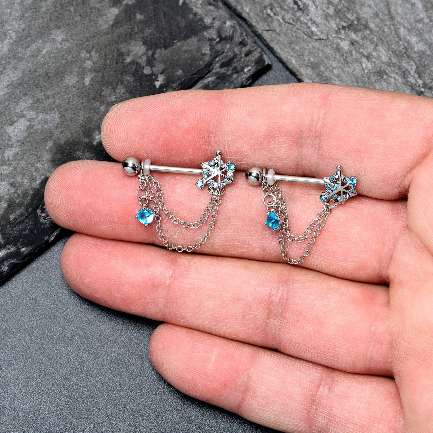 14G 9/16 Blue CZ Gem Spiderweb Chain Dangle Nipple Ring Set